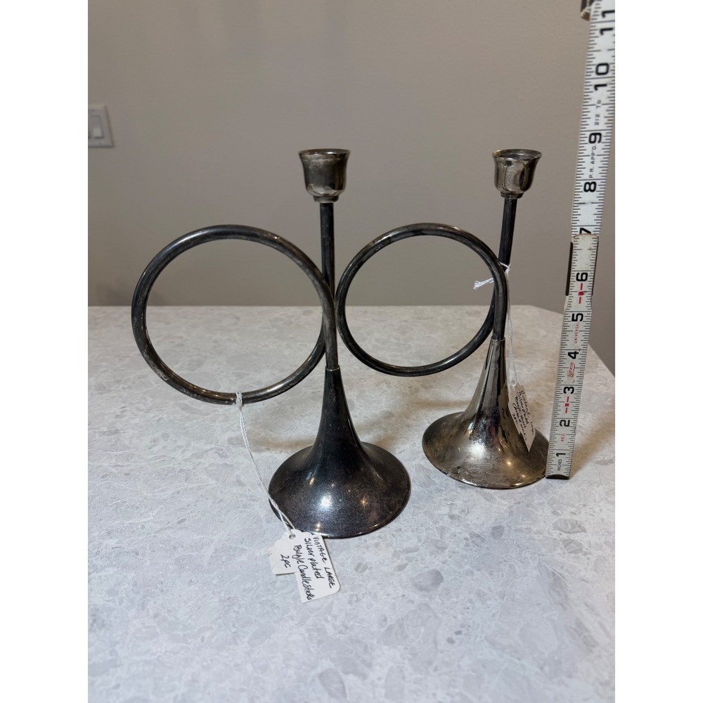 Vintage VIGNI India Silver Plated Bugle Horn Candlesticks Set of 2 Musical Decor